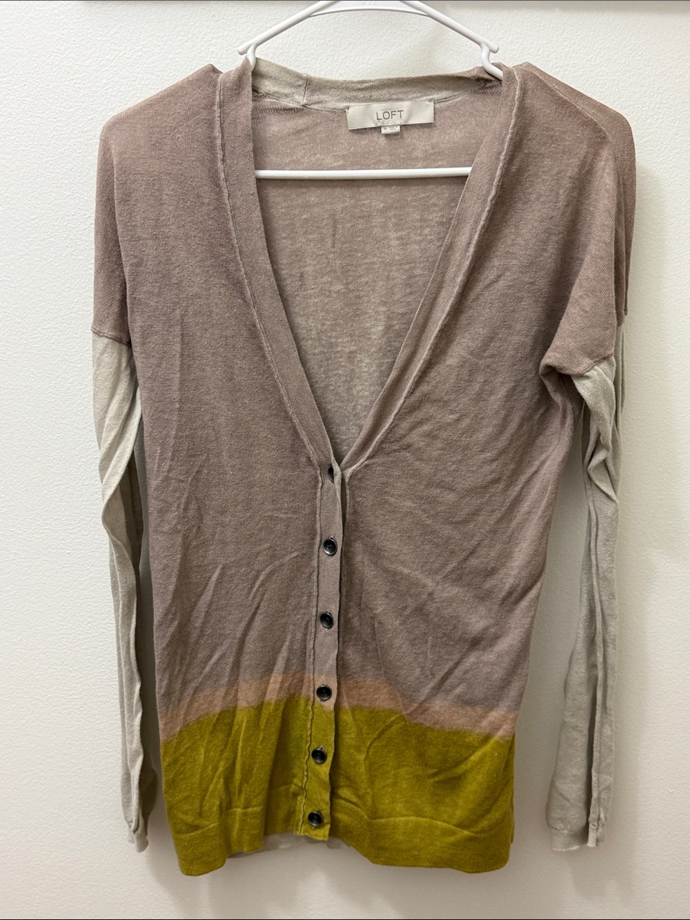 LOFT Colorblock V-Neck Button Cardigan in Taupe, Olive & Cream